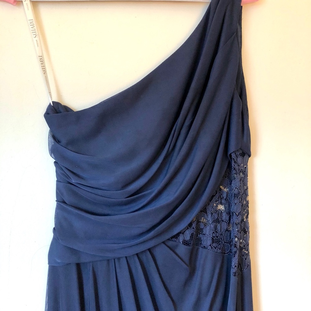 One-shoulder mesh bridesmaid dress w/ lace insert